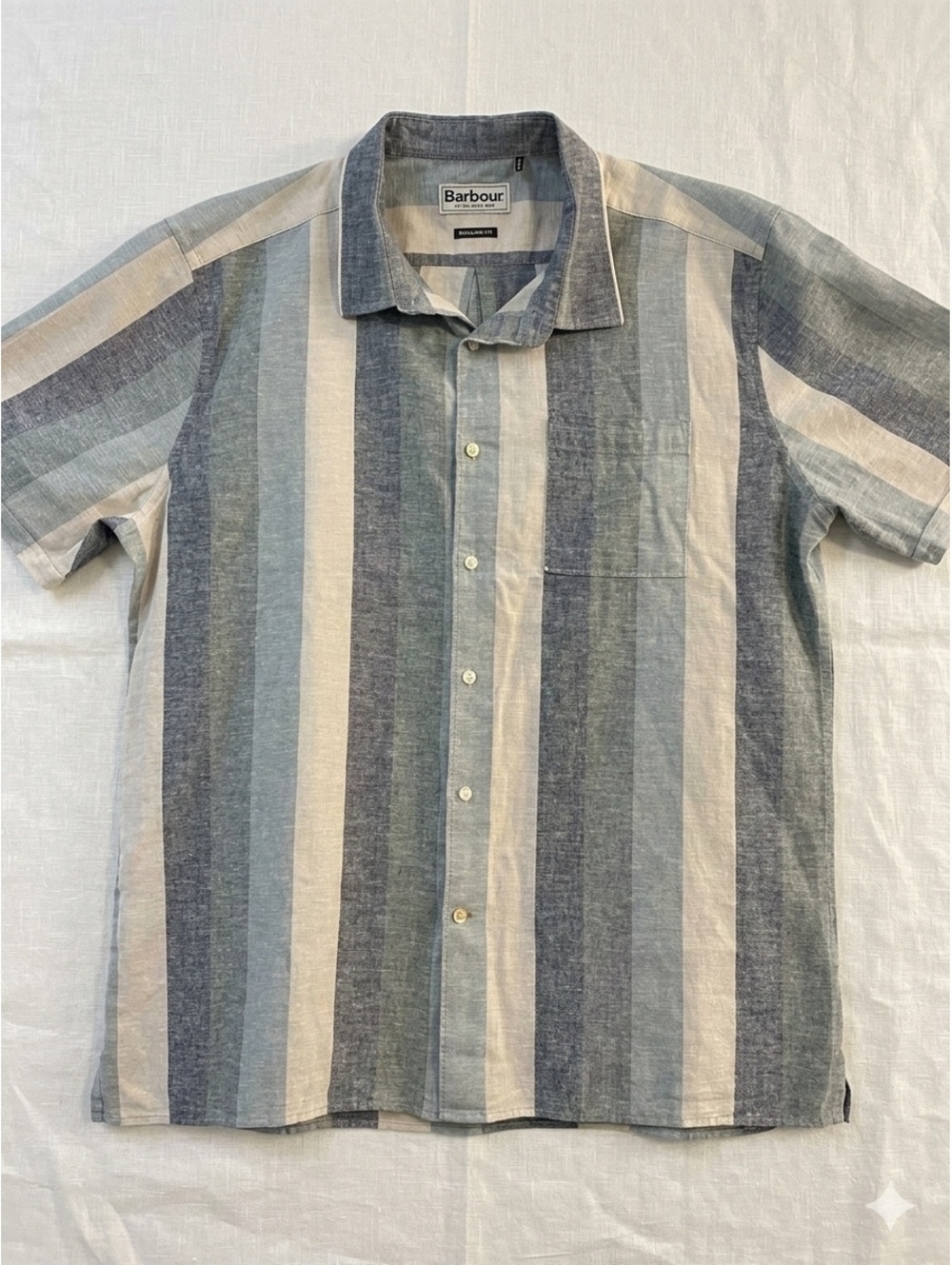 Barbour Douglas Linen Cotton Striped Short Sleeve Shirt Blue Cream USA Med